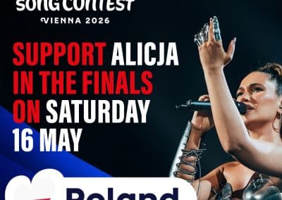 Poster for Eurovision 2026 urging support for Alicja in the finals on Saturday 16 May, Poland theme with heart logo.