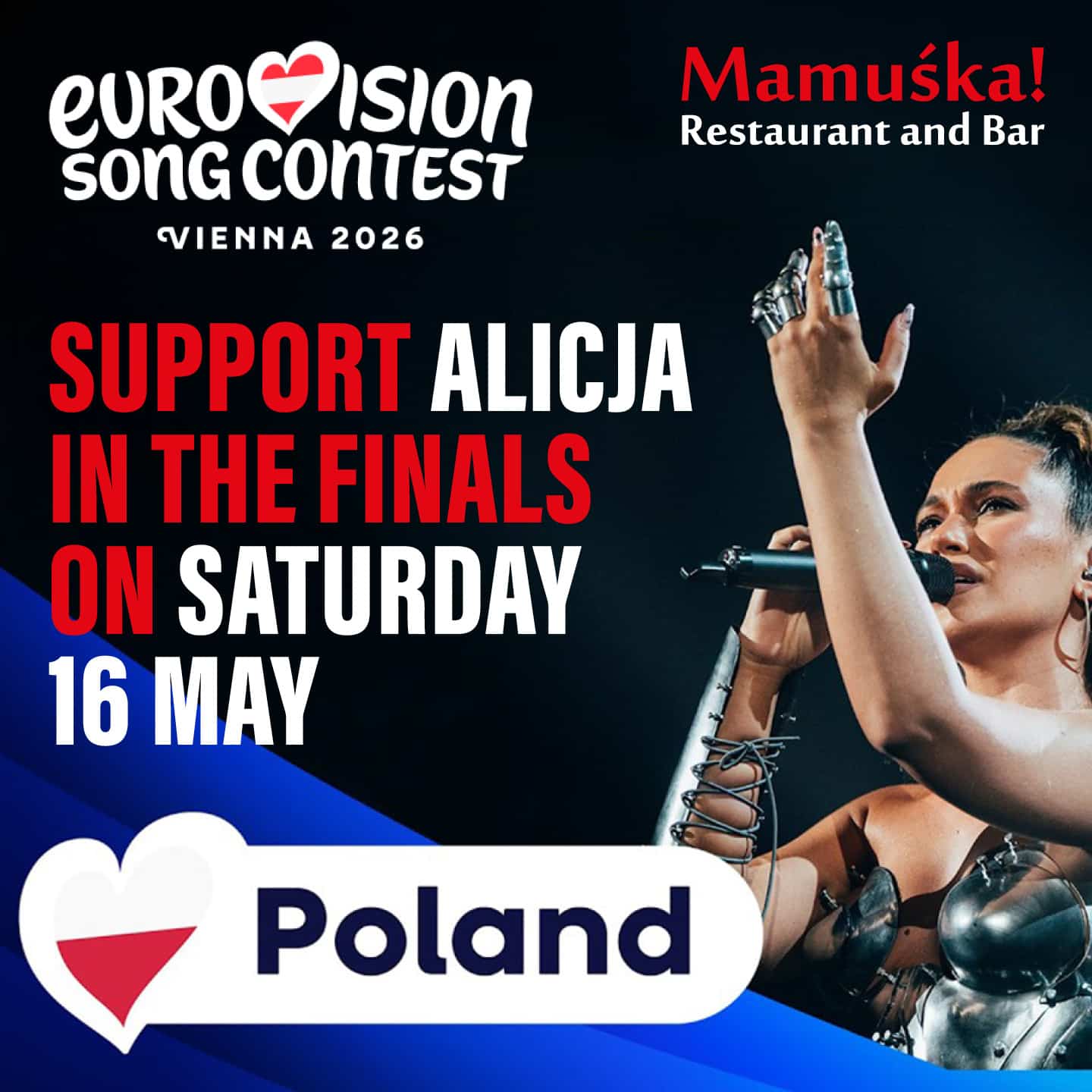 Poster for Eurovision 2026 urging support for Alicja in the finals on Saturday 16 May, Poland theme with heart logo.