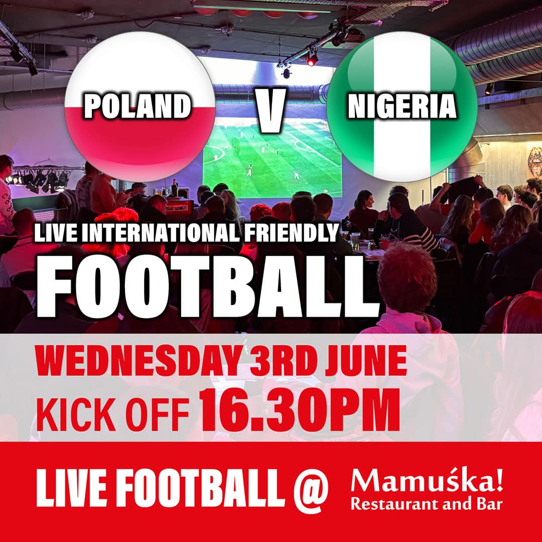 Bar venue poster advertising a Poland vs Nigeria live international football match, with date, kick-off time, and venue Mamúška! Restaurant and Bar.